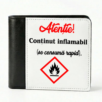 Portofel Bărbați Personalizat, Model "Conținut Inflamabil", Piele Ecologică, Compartiment Carduri și Buletin, Negru/Alb