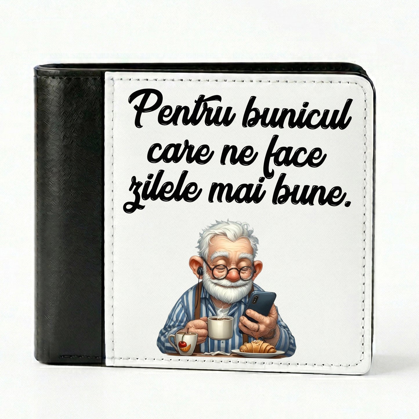 Portofel Bărbați Personalizat cu Fotografie sau Text, Model Bifold, Negru/Alb, 10 x 9.5 cm