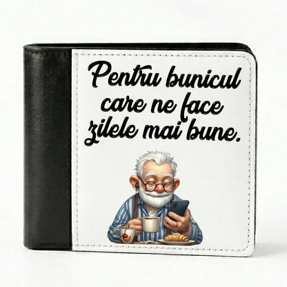 Portofel Bărbați Personalizat cu Fotografie sau Text, Model Bifold, Negru/Alb, 10 x 9.5 cm