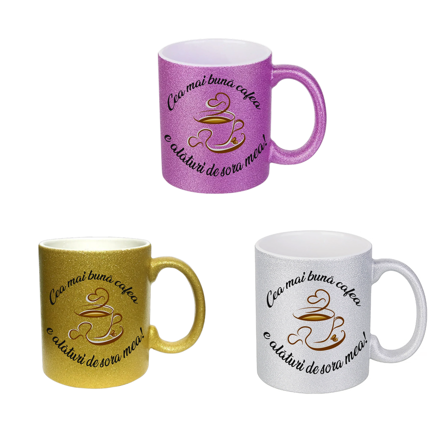 Cană cu Argintie Sclipici Personalizată - Cadou "Cea Mai Bună Cafea e Alături de Sora Mea" - Mov, Auriu, Argintiu - Tete Print