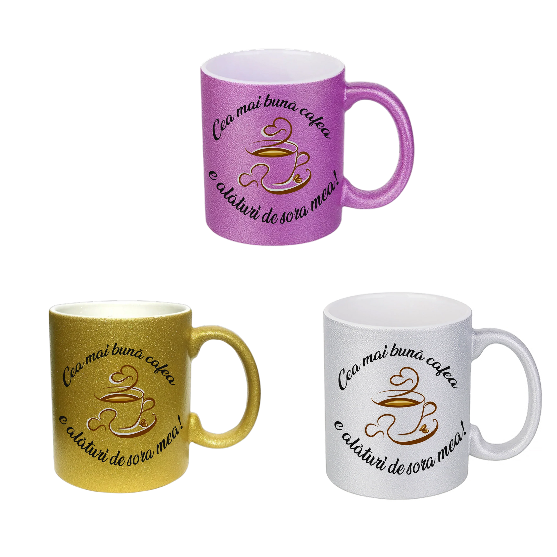 Cană Aurie cu Sclipici Personalizată - Cadou "Cea Mai Bună Cafea e Alături de Sora Mea" - Mov, Auriu, Argintiu - Tete Print