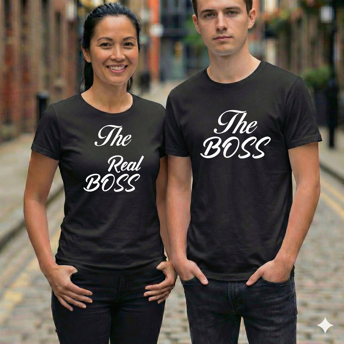 Tricouri Cuplu negre "The Boss & The Real Boss" – Bumbac 100%, Negru