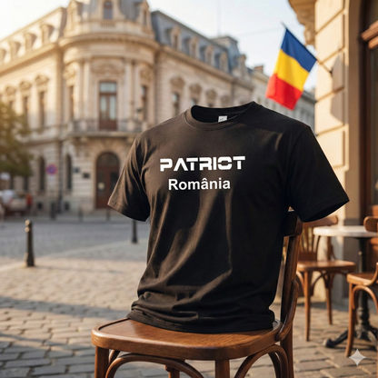 Tricou Bărbați "PATRIOT România", Bumbac 100%, Negru, Mânecă Scurtă, Imprimeu Alb Modern