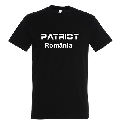 Tricou Bărbați "PATRIOT România", Bumbac 100%, Negru, Mânecă Scurtă, Imprimeu Alb Modern