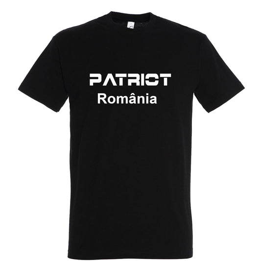 Tricou Bărbați "PATRIOT România", Bumbac 100%, Negru, Mânecă Scurtă, Imprimeu Alb Modern