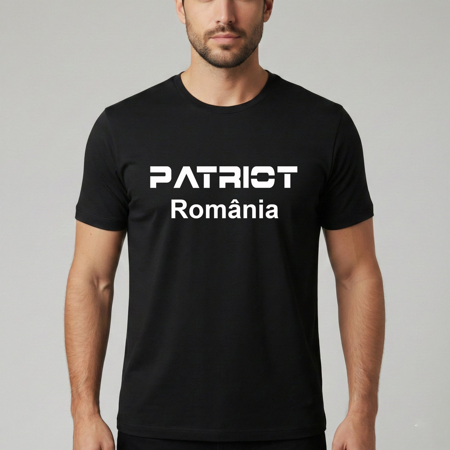 Tricou Bărbați "PATRIOT România", Bumbac 100%, Negru, Mânecă Scurtă, Imprimeu Alb Modern