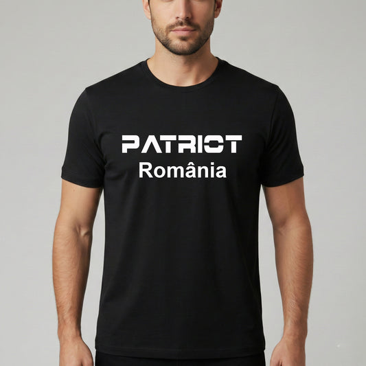 Tricou Bărbați "PATRIOT România", Bumbac 100%, Negru, Mânecă Scurtă, Imprimeu Alb Modern